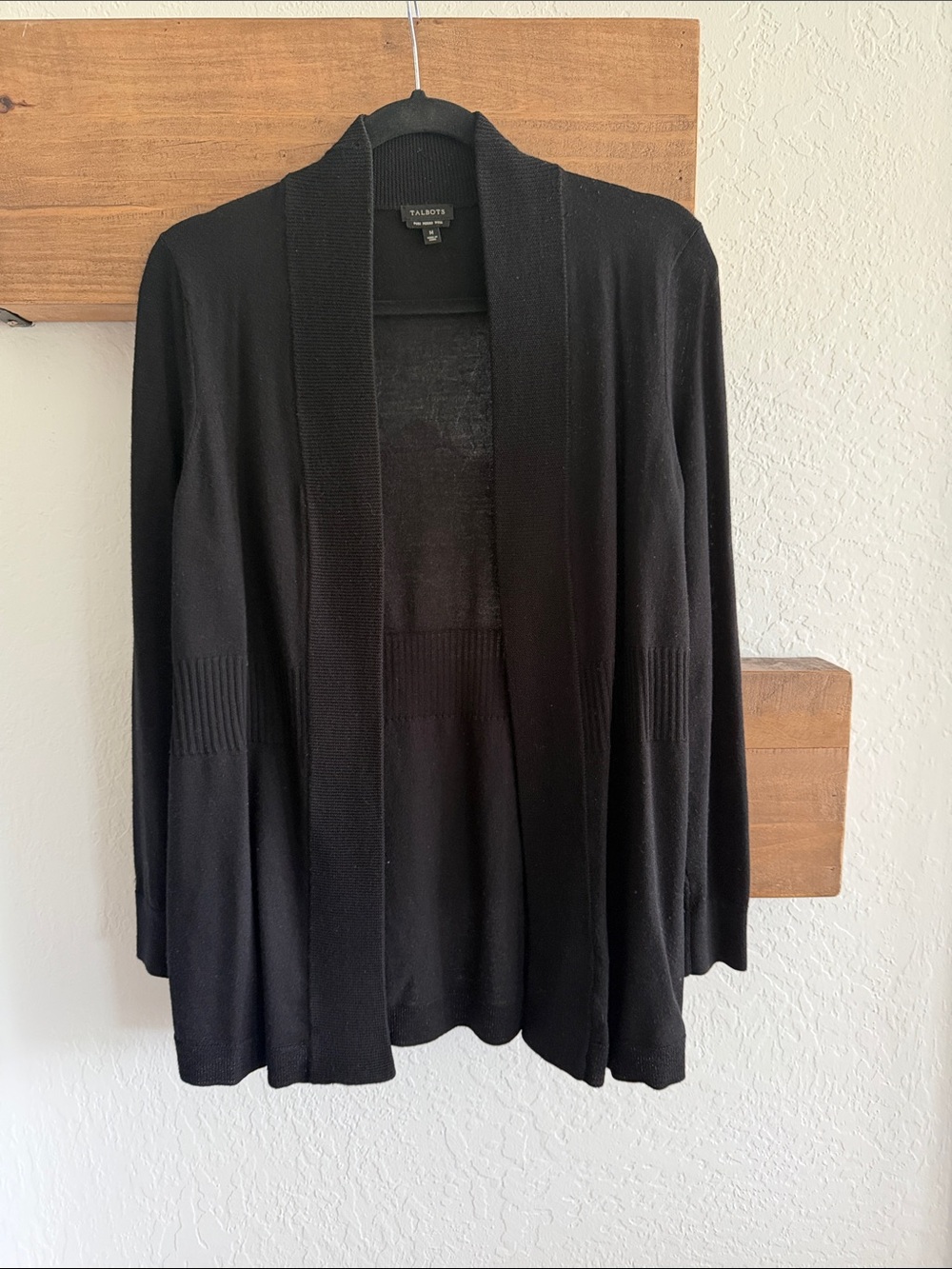 100% merino wool - Talbots Black Open-Front Knit Cardigan